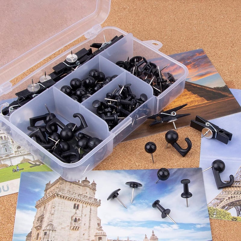 Yalis Black Push Pins Set, 5 Styles 140-count Thumb Tacks Map Pins, Steel Point and Dark Plastic Head Pushpins Black Thumbtacks for Cork Board Bulletin Boards (Black-140pcs) - Image 4